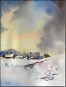 watercolor winter landscape, snow, farm